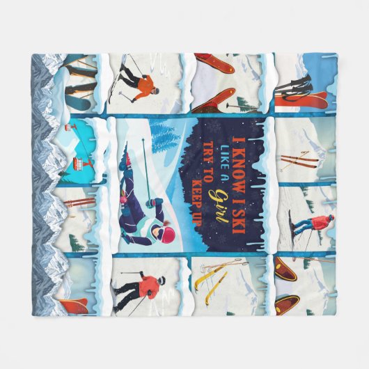 スキー – 女の子のスキーヤーのスノーウイントのようにスキーをするのは分かる フリースブランケット (正面(横))