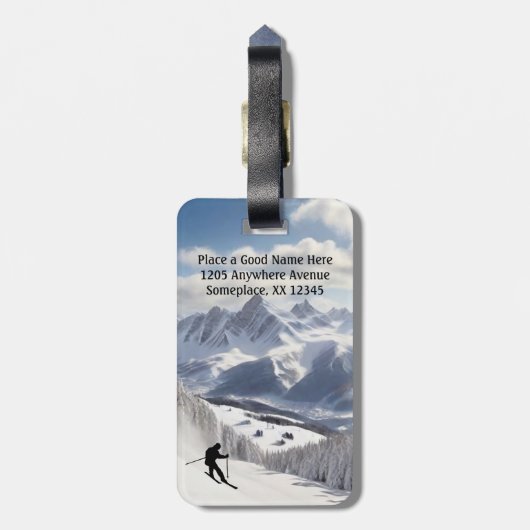 スキー – 山とスキーヤーのパーソナライズ ラゲッジタグ (裏面縦)
