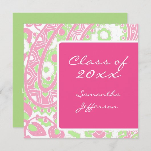 スクアピンクグリーンペイズリー卒業/パーティー 招待状 (正面/裏面)