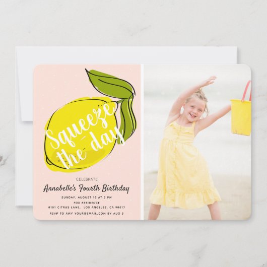 スクイーズザデイレモンピンクガール誕生日写真 招待状 (正面)