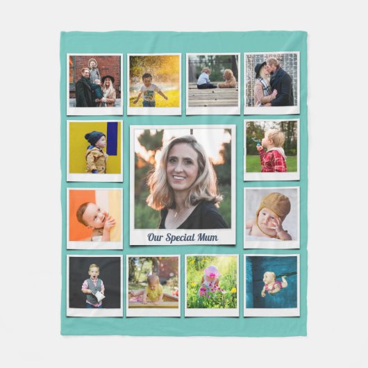 スクウェアパーソナライズされたフォトコラージュファミリーティール（緑がかった色） フリースブランケット (正面)
