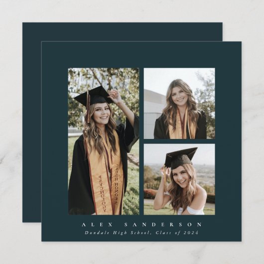 スクウェアミニマルグリーンフレームトリプルフォト卒業 案内状 (正面/裏面)
