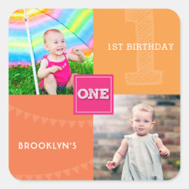 スクウェアモダンスケッチ1女の子1st誕生日の写真 スクエアシール