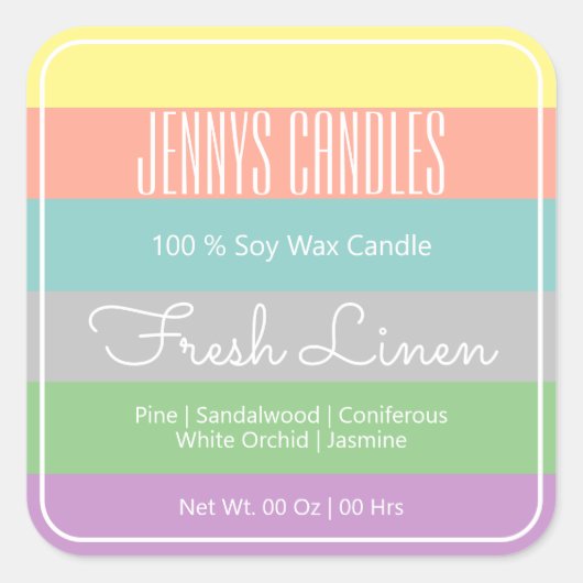 スクウェアモダンパ縁どステルレインボーストライプキャンドル スクエアシール (正面)