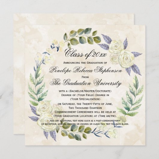 スクウェア水彩花リース大学卒業 招待状 (正面/裏面)