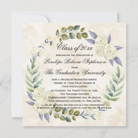 スクウェア水彩花リース大学卒業 招待状 (正面)