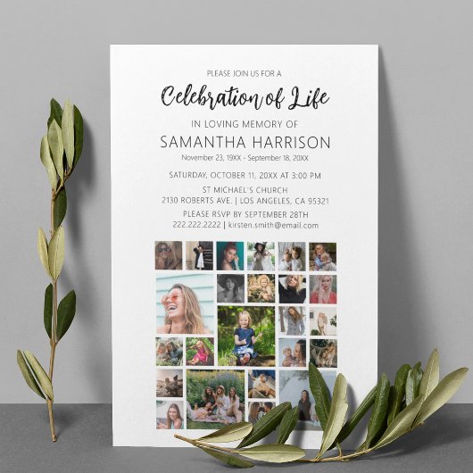 スクウェア・フォト・コラージュ葬儀お祝い・オブ・ライフ 招待状