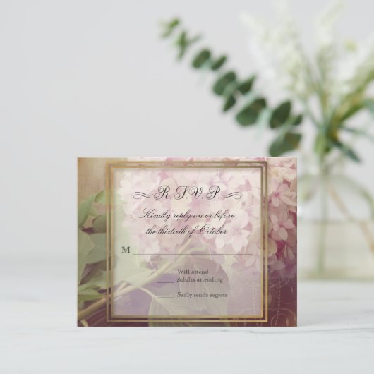 スクエアかわいらし赤面ピンクアジサイ・ヴィンテージウェディング 出欠カード (スタンド正面)