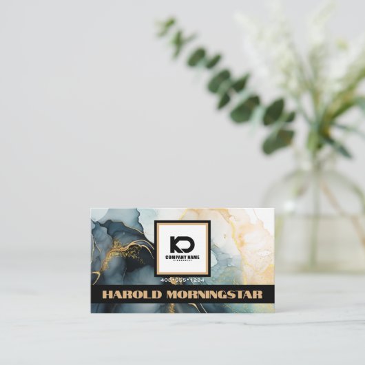 スクエアはっきりしたロゴとQRコードインジゴ金ゴールド流体インク 名刺 (スタンド正面)