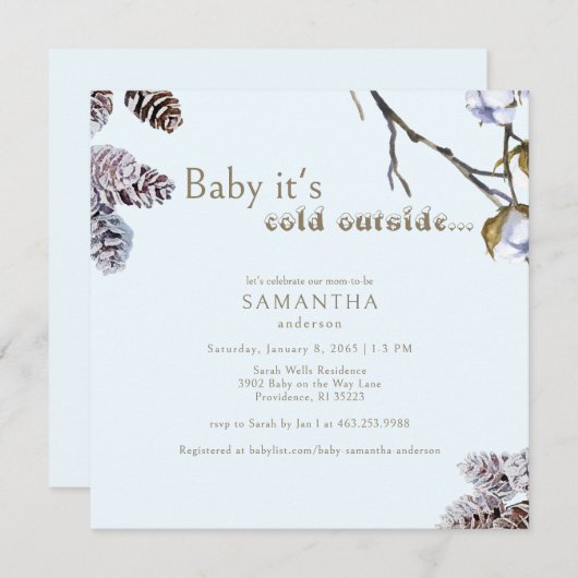 スクエアアイスブルーベビー外は冷たい 招待状 (正面/裏面)