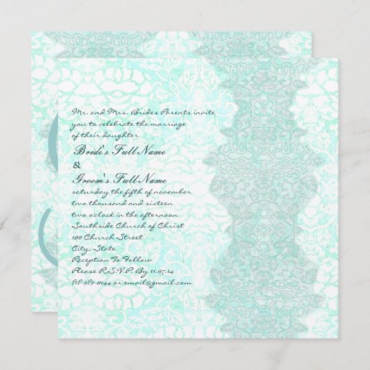 スクエアアクアヴィンテージダマスクウェディング招待状 招待状 (正面/裏面)