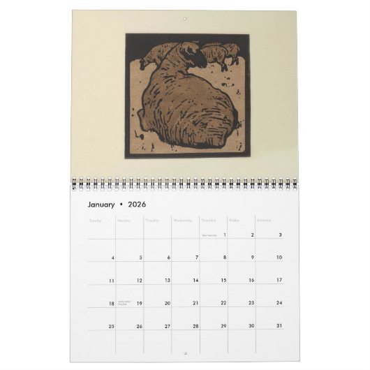 スクエアアニマルカレンダー – 納屋周囲の庭スケッチ カレンダー (1月 2026)