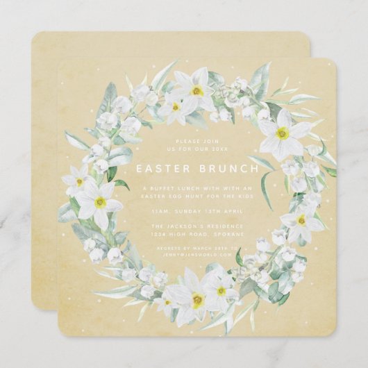 スクエアイエロー+ホワイトフローラリースイースターブランチ 招待状 (正面/裏面)