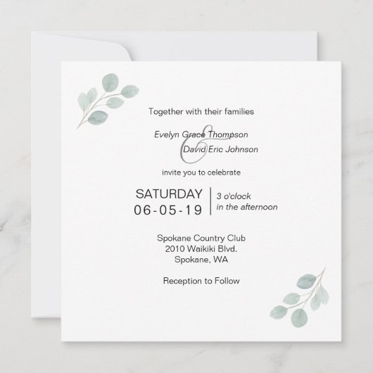 スクエアウォーターカラーグリーンリー結婚式招待状 招待状 (裏面)