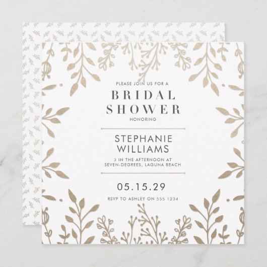 スクエアエレガントアンティーク金ゴールドブライダルシャワー 招待状 (正面/裏面)