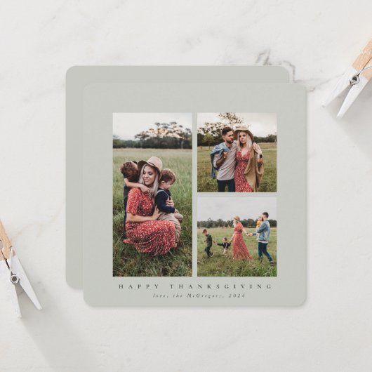 スクエアエレガントトリプルフォトハッピー感謝祭 カード (正面/裏面インサイチュ)