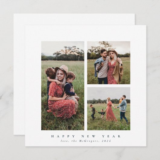 スクエアエレガントトリプルフォトハッピー新年 シーズンカード (正面/裏面)