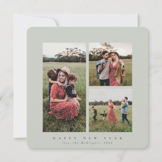スクエアエレガントトリプルフォトハッピー新年 シーズンカード (正面)