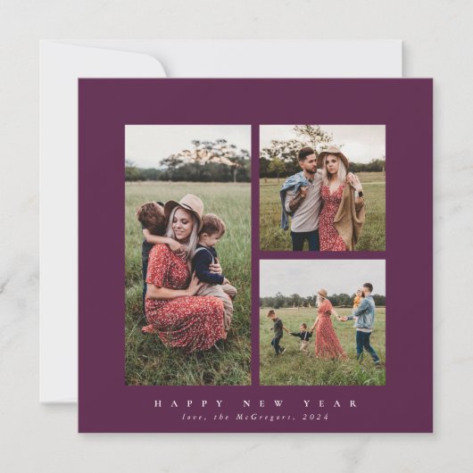 スクエアエレガントトリプルフォトハッピー新年 シーズンカード (正面)