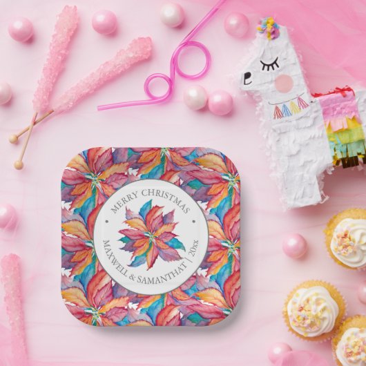 スクエアクリスマス紙プレートユニークポインセチア ペーパープレート (パーティー)