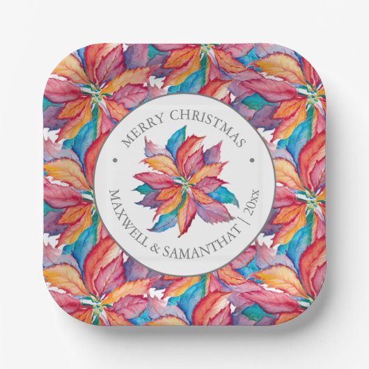 スクエアクリスマス紙プレートユニークポインセチア ペーパープレート (正面)