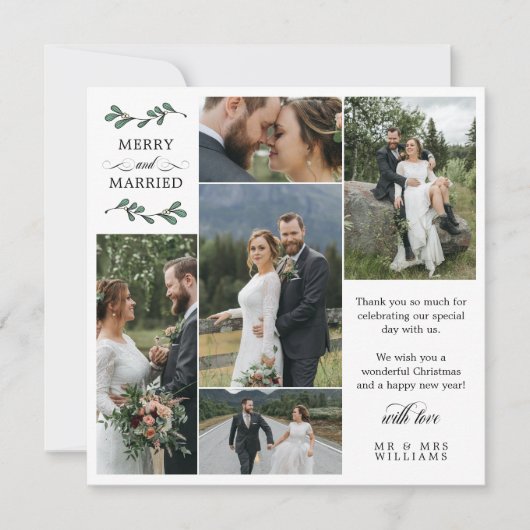 スクエアグリーンミストレメリーートウ結婚したクリスマス サンキューカード (正面)