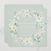 スクエアグリーン+ホワイトフローラリースイースターブランチ 招待状 (正面/裏面)