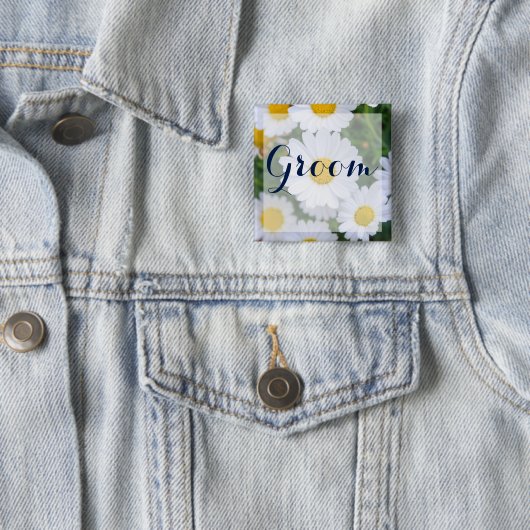 スクエアグルーミングフローラウェディングボタンとデイジー 缶バッジ (インサイチュ)