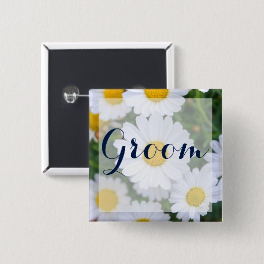 スクエアグルーミングフローラウェディングボタンとデイジー 缶バッジ (正面&裏面)