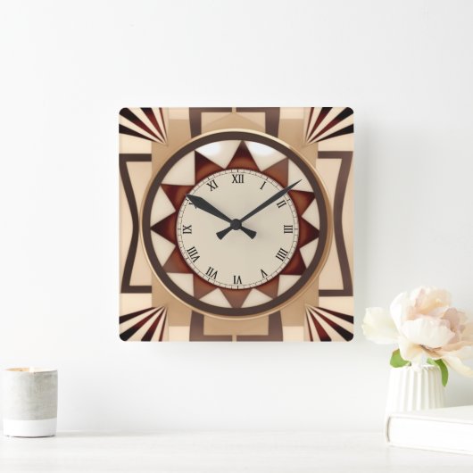 スクエアサンアールデコクロックフェイク – 木製アンティーク スクエア壁時計 (ホーム)