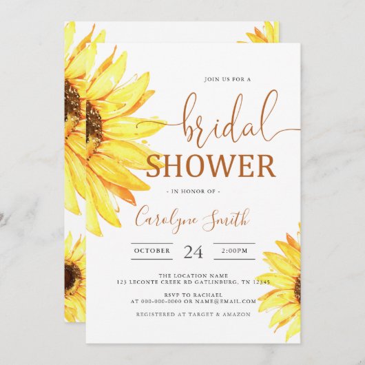 スクエアサンフラワーフィールドズブライダルシャワー 招待状 (正面/裏面)