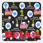 スクエアステッカー、#1ハッピーファースト誕生日ブラック スクエアシール (正面)