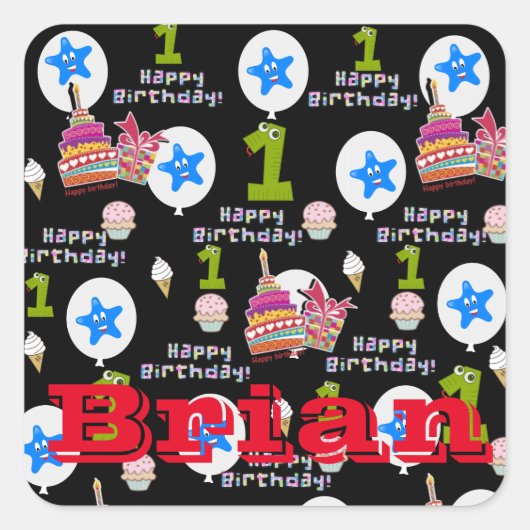 スクエアステッカー、#1ハッピーファースト誕生日ブラック スクエアシール (正面)