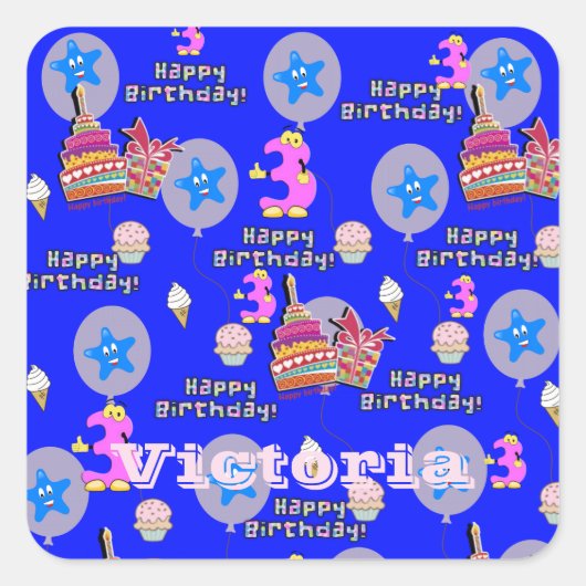 スクエアステッカー、#3ハッピーサードバースデーブルー スクエアシール (正面)