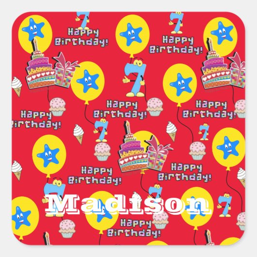 スクエアステッカー, #7ハッピー7th誕生日赤 スクエアシール (正面)