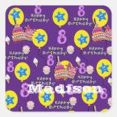 スクエアステッカー、#8ハッピー8誕生日紫 スクエアシール (正面)