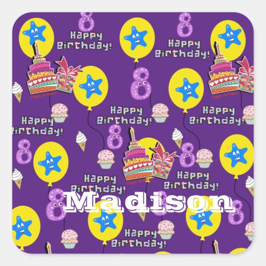 スクエアステッカー、#8ハッピー8誕生日紫 スクエアシール (正面)