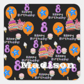 スクエアステッカー, #8ハッピー8th誕生日ブラック スクエアシール (正面)