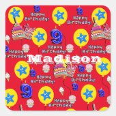 スクエアステッカー， #9ハッピー9th誕生日赤 スクエアシール (正面)