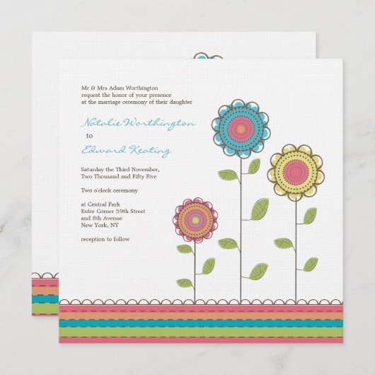 スクエアズレ結婚インボートールフラワーズ招待状 招待状 (正面/裏面)