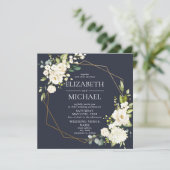 スクエアネイビーブルー金ゴールド幾何学白フローラ写真 招待状 (スタンド正面)