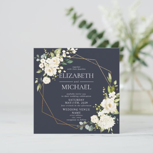 スクエアネイビーブルー金ゴールド幾何学白フローラ写真 招待状 (スタンド正面)