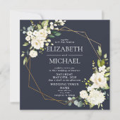 スクエアネイビーブルー金ゴールド幾何学白フローラ写真 招待状 (正面)