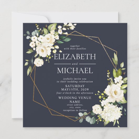 スクエアネイビーブルー金ゴールド幾何学白フローラ写真 招待状 (正面)