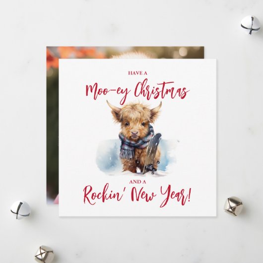 スクエアハイランド牛のクリスマスフォトカード シーズンカード (正面/裏面インサイチュ)