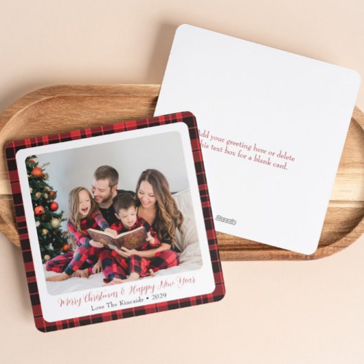 スクエアバッファロープレイドファミリーフォトクリスマスカード シーズンカード