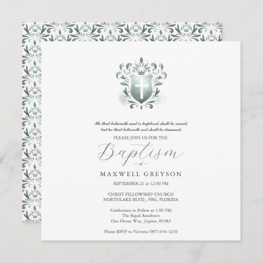 スクエアバプテスマ招待状セージグリーンクレスト 招待状 (正面/裏面)