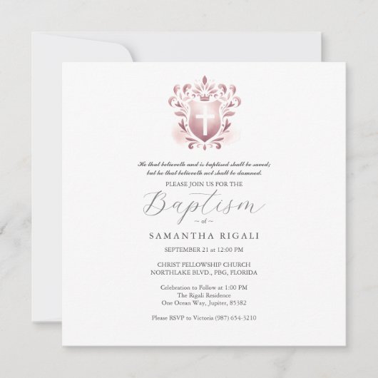 スクエアバプテスマ招待状宗教的ピンク 招待状 (正面)