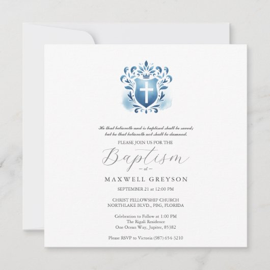 スクエアバプテスマ招待状宗教的ブルークレスト 招待状 (正面)