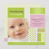 スクエアパッチワークライムデザイナーのお誕生発表 案内状 (正面/裏面)